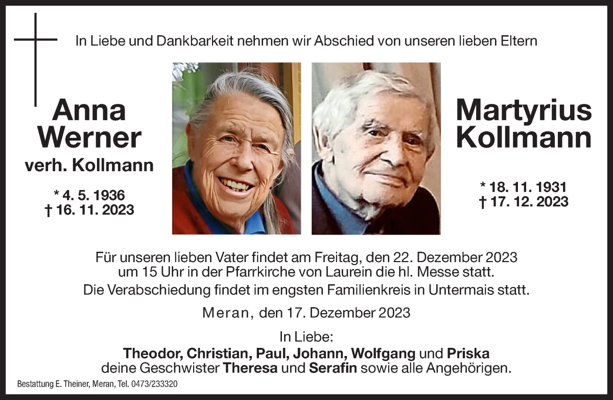  Traueranzeige für Martyrius Kollmann vom 20.12.2023 aus Dolomiten