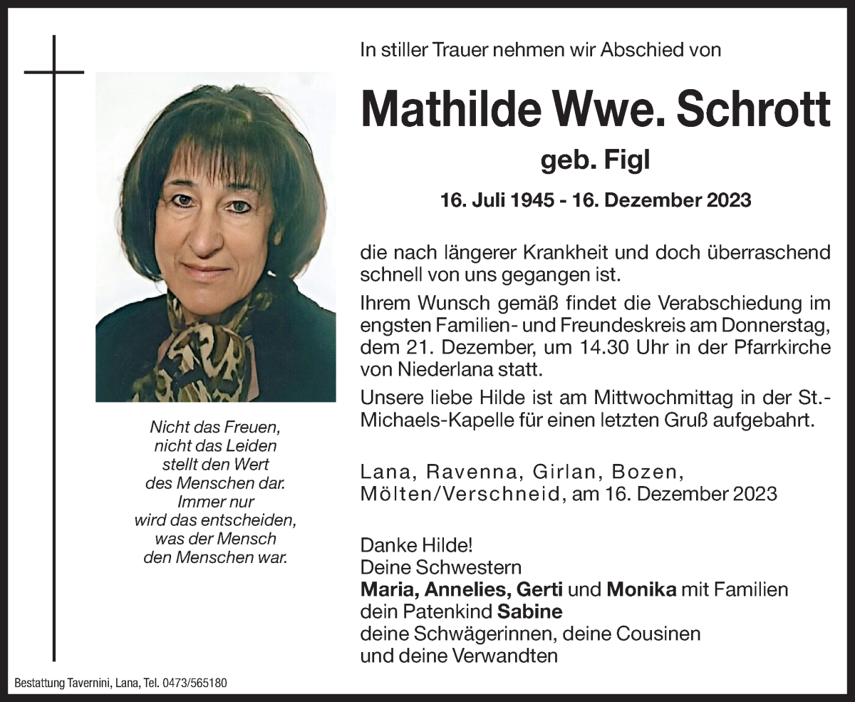 Traueranzeige für Mathilde Schrott vom 19.12.2023 aus Dolomiten