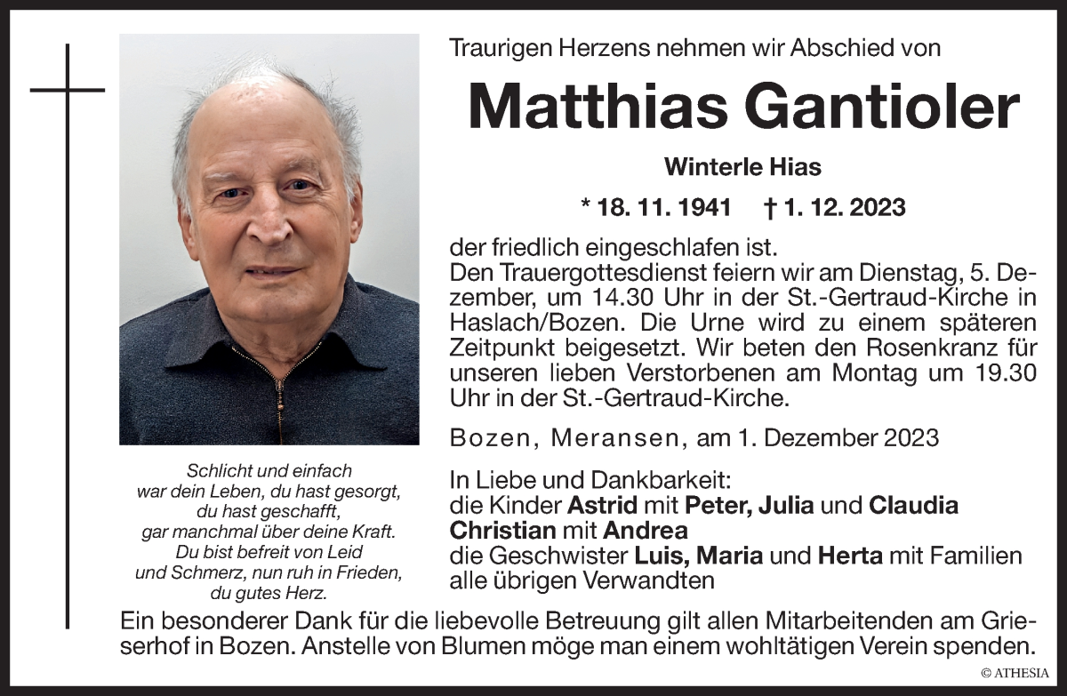  Traueranzeige für Matthias Gantioler vom 04.12.2023 aus Dolomiten
