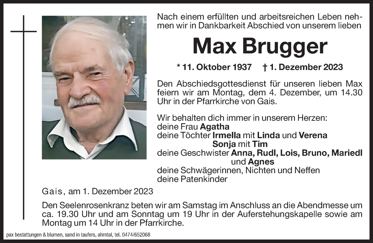  Traueranzeige für Max Brugger vom 02.12.2023 aus Dolomiten
