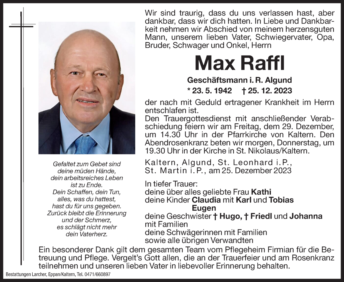  Traueranzeige für Max Raffl vom 27.12.2023 aus Dolomiten
