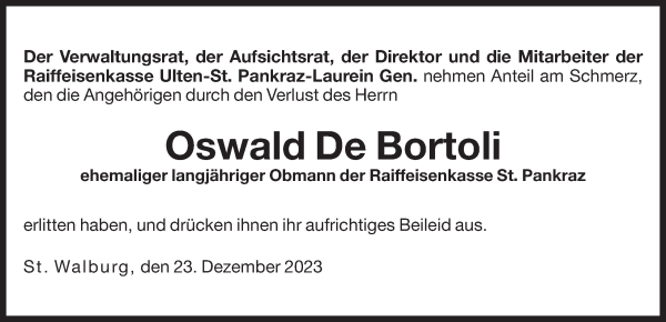 Traueranzeige von Oswald De Bortoli von Dolomiten