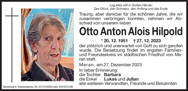 Traueranzeige von Otto Anton Alois Hilpold von Dolomiten