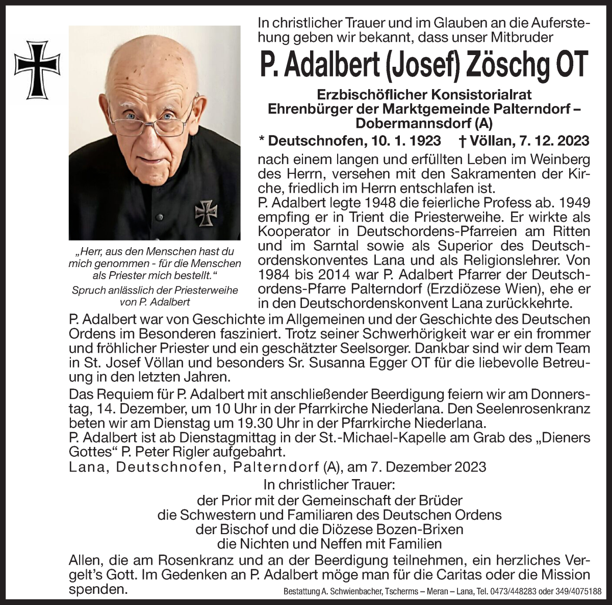 Traueranzeige für P. Adalbert Zöschg vom 11.12.2023 aus Dolomiten