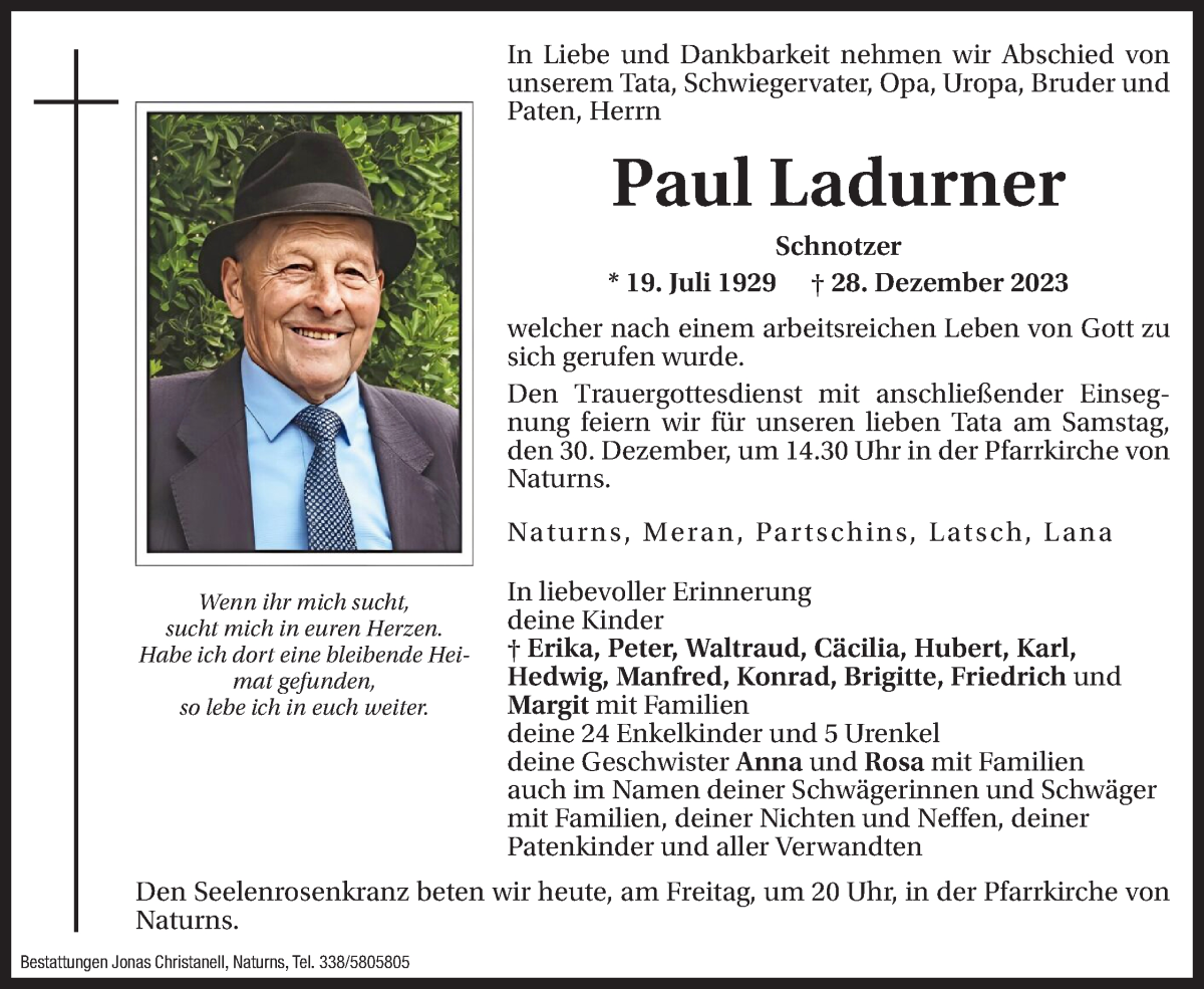  Traueranzeige für Paul Ladurner vom 29.12.2023 aus Dolomiten