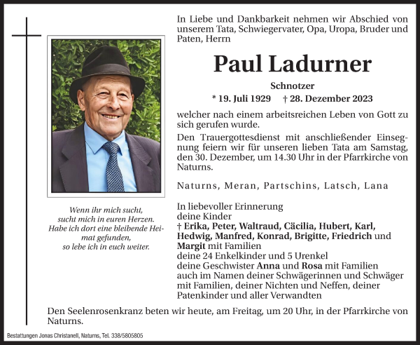 Traueranzeige von Paul Ladurner von Dolomiten