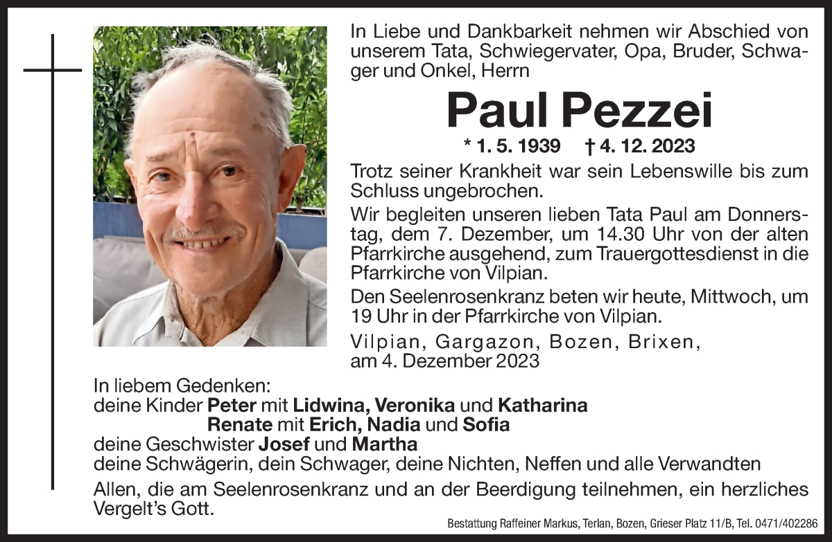  Traueranzeige für Paul Pezzei vom 06.12.2023 aus Dolomiten