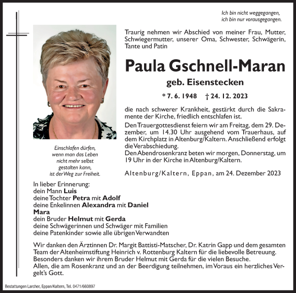 Traueranzeige von Paula Gschnell-Maran von Dolomiten