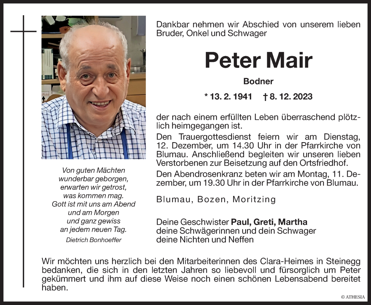  Traueranzeige für Peter Mair vom 11.12.2023 aus Dolomiten
