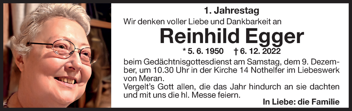  Traueranzeige für Reinhild Egger vom 06.12.2023 aus Dolomiten