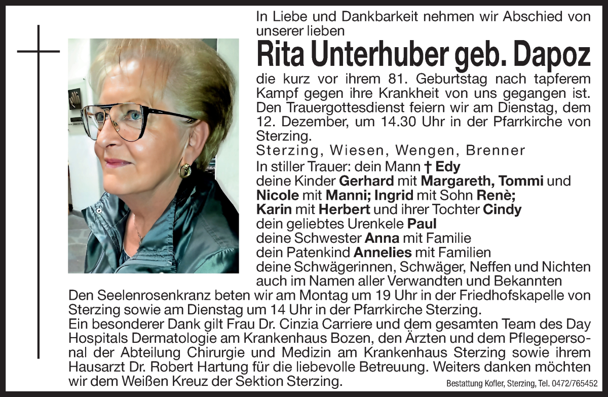  Traueranzeige für Rita Unterhuber vom 09.12.2023 aus Dolomiten