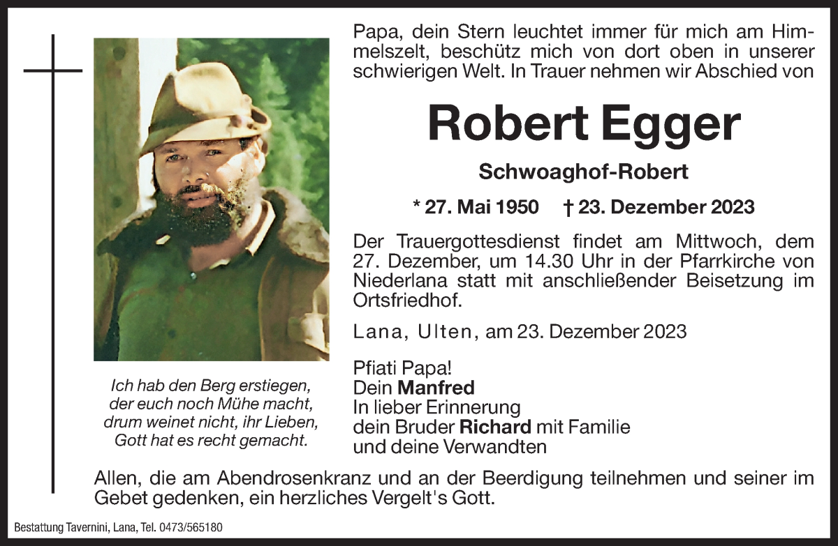  Traueranzeige für Robert Egger vom 27.12.2023 aus Dolomiten