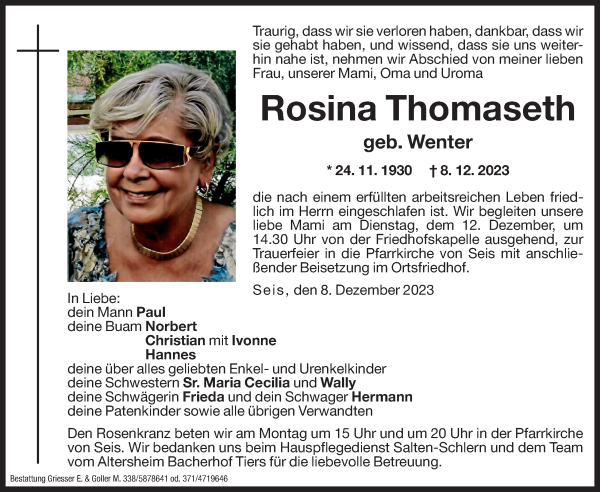 Traueranzeige von Rosina Thomaseth von Dolomiten