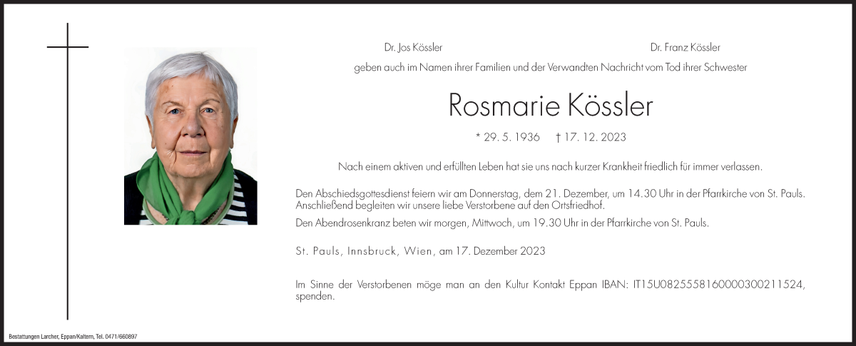  Traueranzeige für Rosmarie Kössler vom 19.12.2023 aus Dolomiten