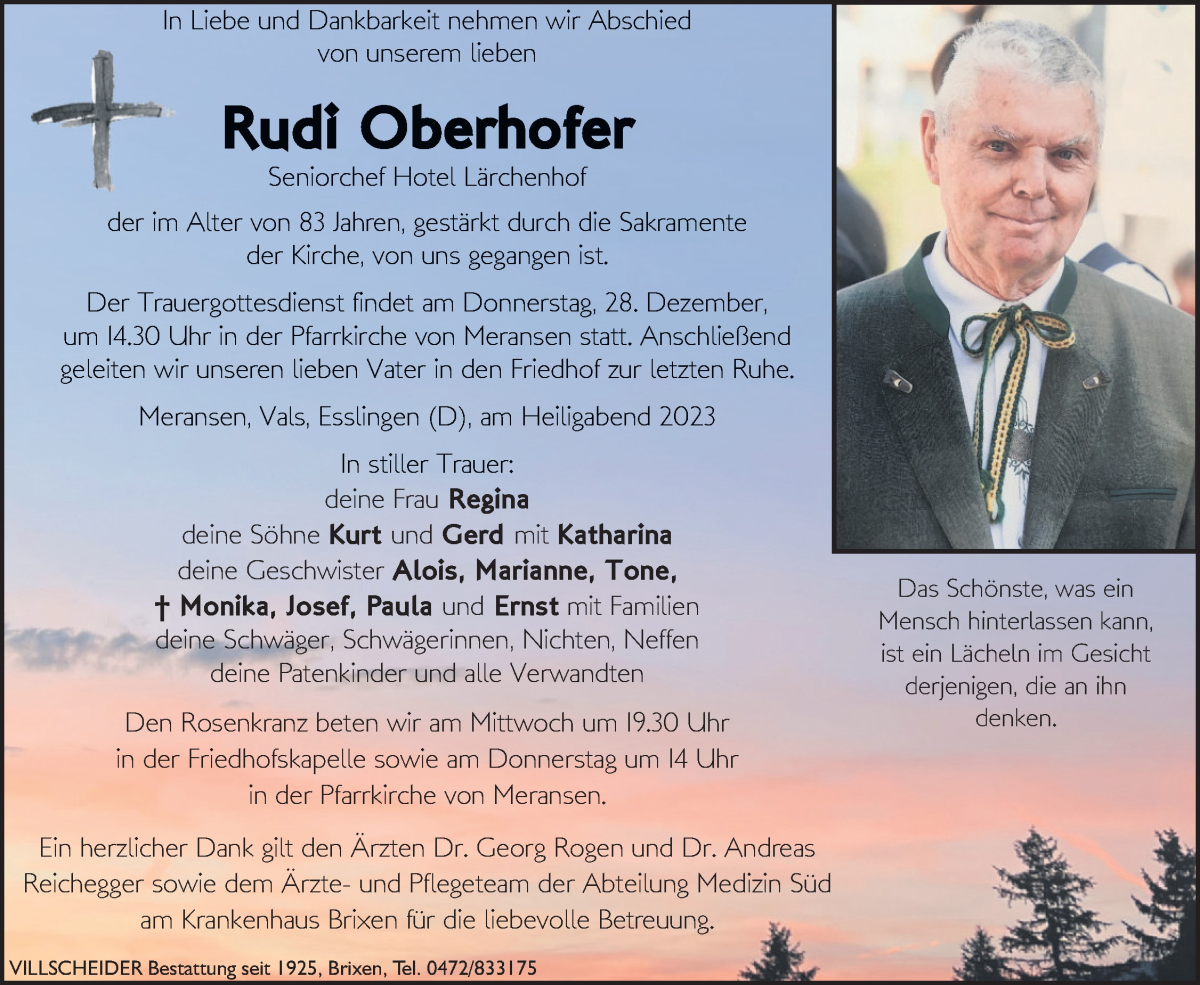  Traueranzeige für Rudi Oberhofer vom 27.12.2023 aus Dolomiten
