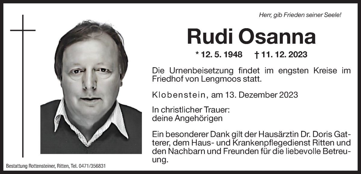  Traueranzeige für Rudi Osanna vom 13.12.2023 aus Dolomiten