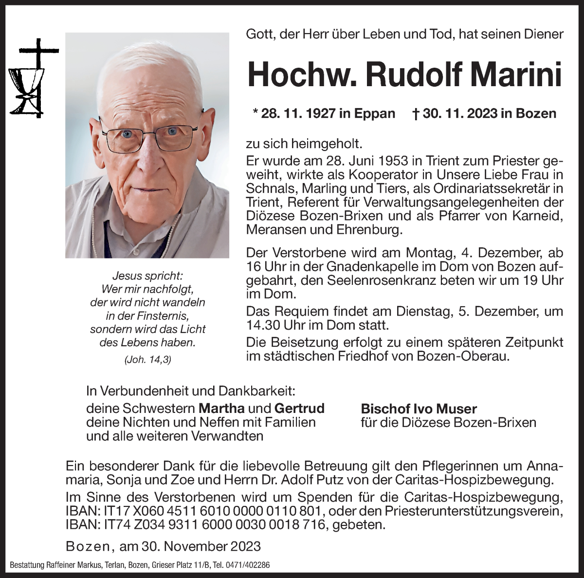  Traueranzeige für Rudolf Marini vom 02.12.2023 aus Dolomiten