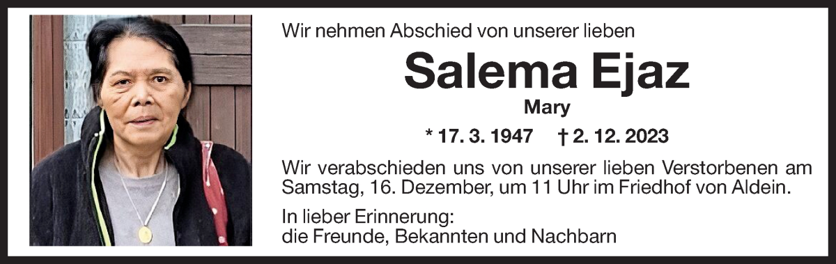  Traueranzeige für Salema Ejaz vom 13.12.2023 aus Dolomiten
