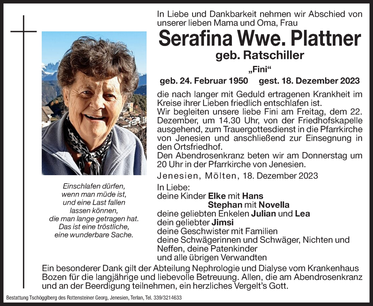  Traueranzeige für Serafina Plattner vom 20.12.2023 aus Dolomiten