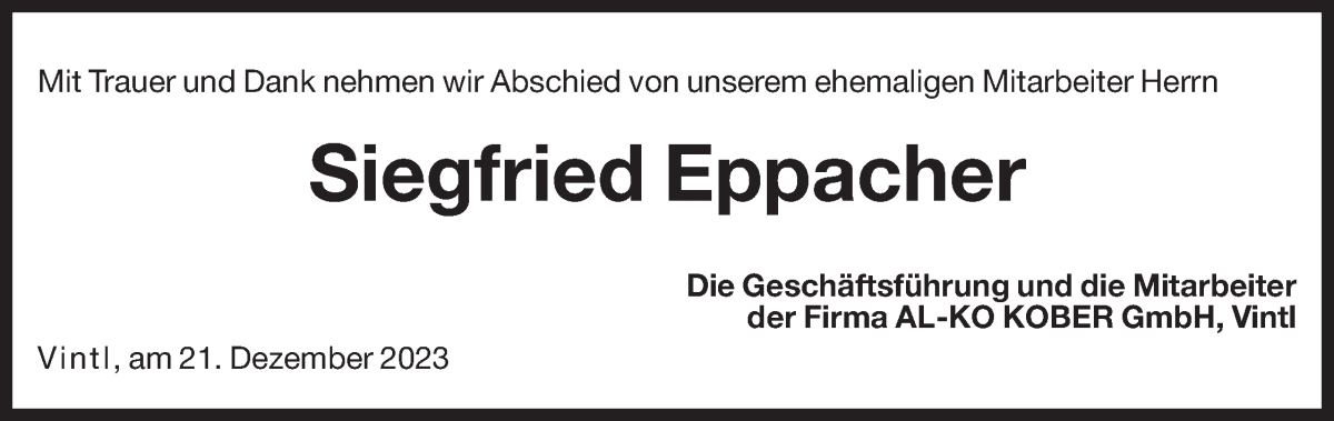  Traueranzeige für Siegfried Eppacher vom 23.12.2023 aus Dolomiten