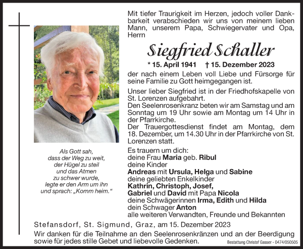 Traueranzeige von Siegfried Schaller von Dolomiten