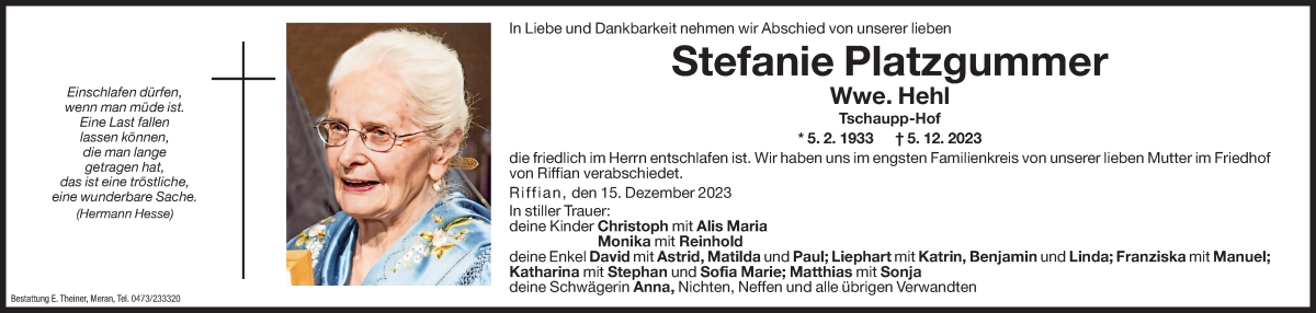  Traueranzeige für Stefanie Hehl vom 15.12.2023 aus Dolomiten