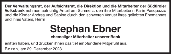 Traueranzeige von Stephan Ebner von Dolomiten
