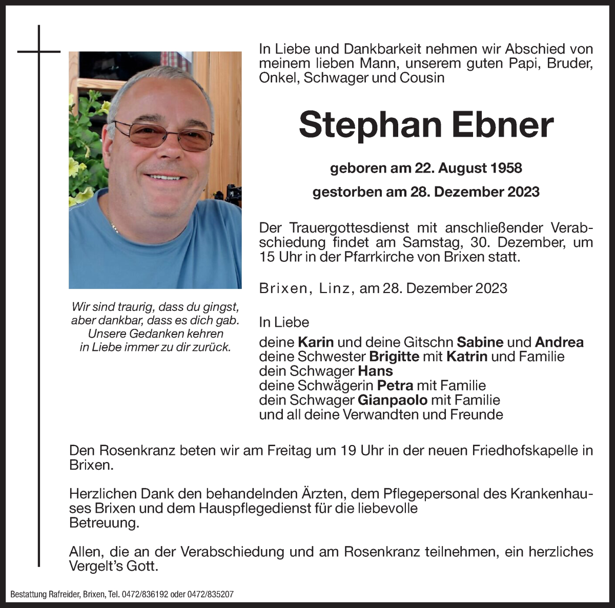  Traueranzeige für Stephan Ebner vom 29.12.2023 aus Dolomiten