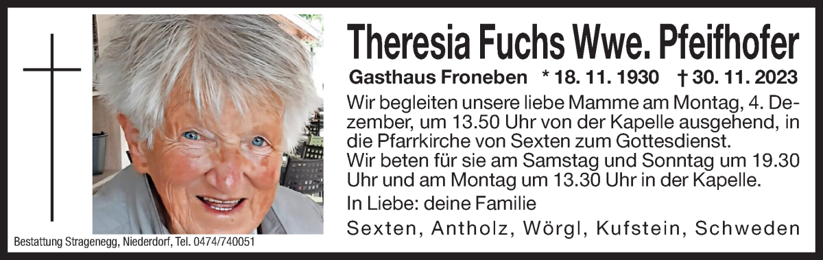 Traueranzeige für Theresia Pfeifhofer vom 02.12.2023 aus Dolomiten