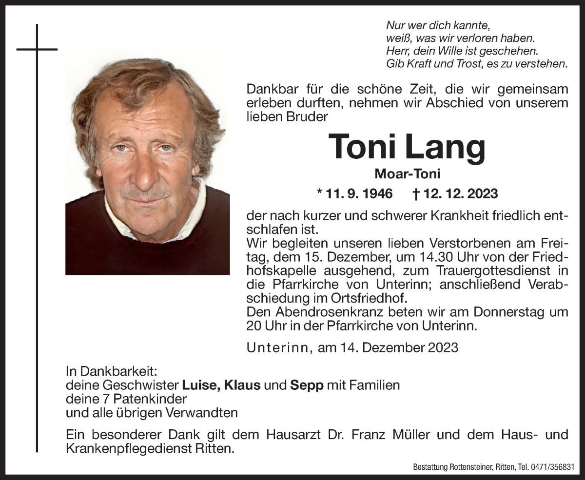  Traueranzeige für Toni Lang vom 14.12.2023 aus Dolomiten