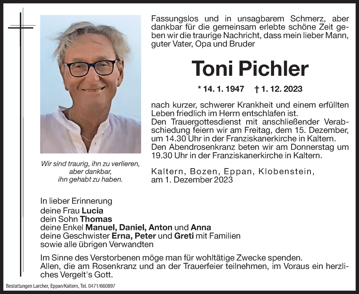  Traueranzeige für Toni Pichler vom 11.12.2023 aus Dolomiten