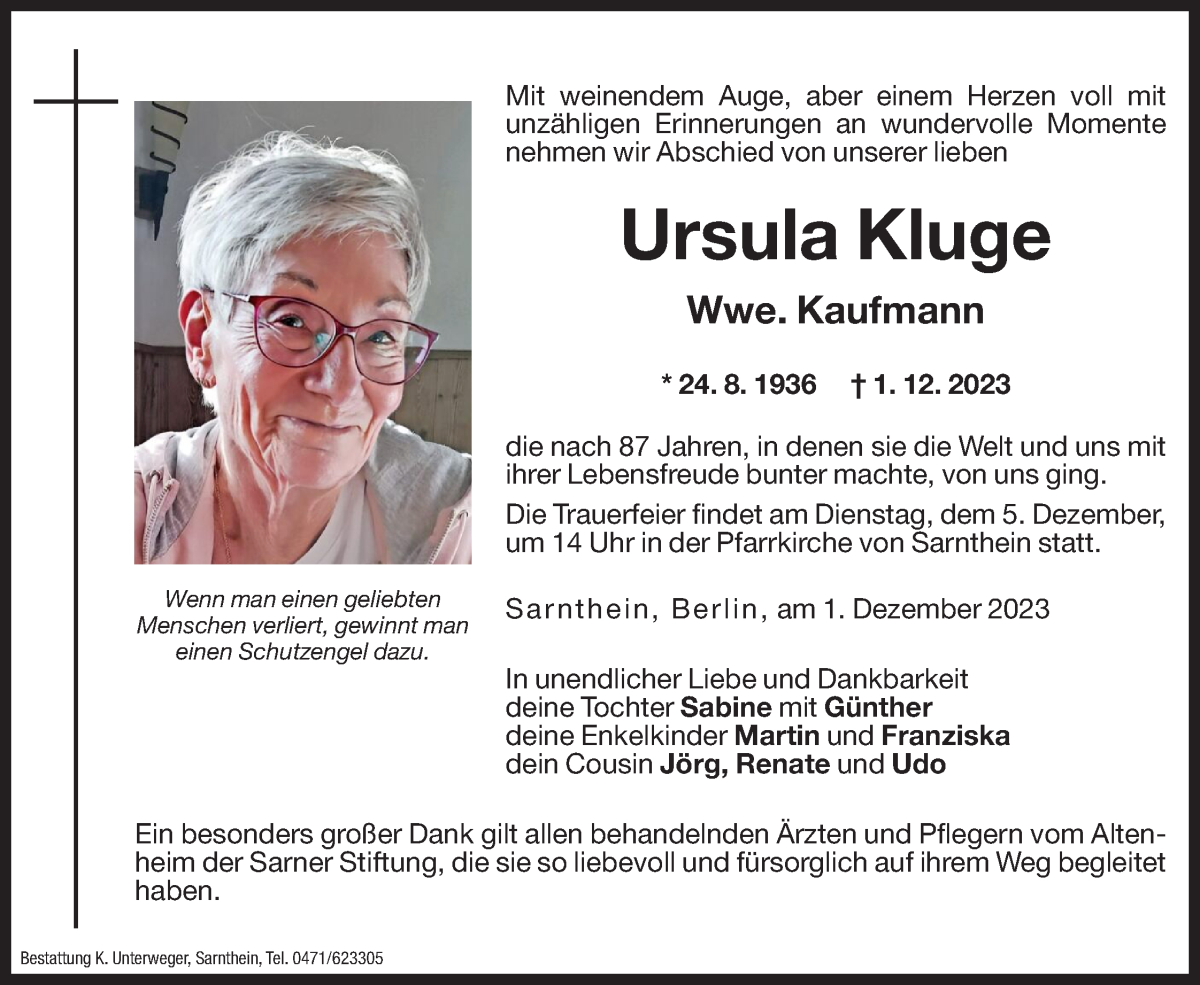  Traueranzeige für Ursula Kaufmann vom 04.12.2023 aus Dolomiten