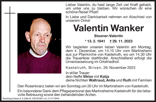 Traueranzeige von Valentin Wanker von Dolomiten