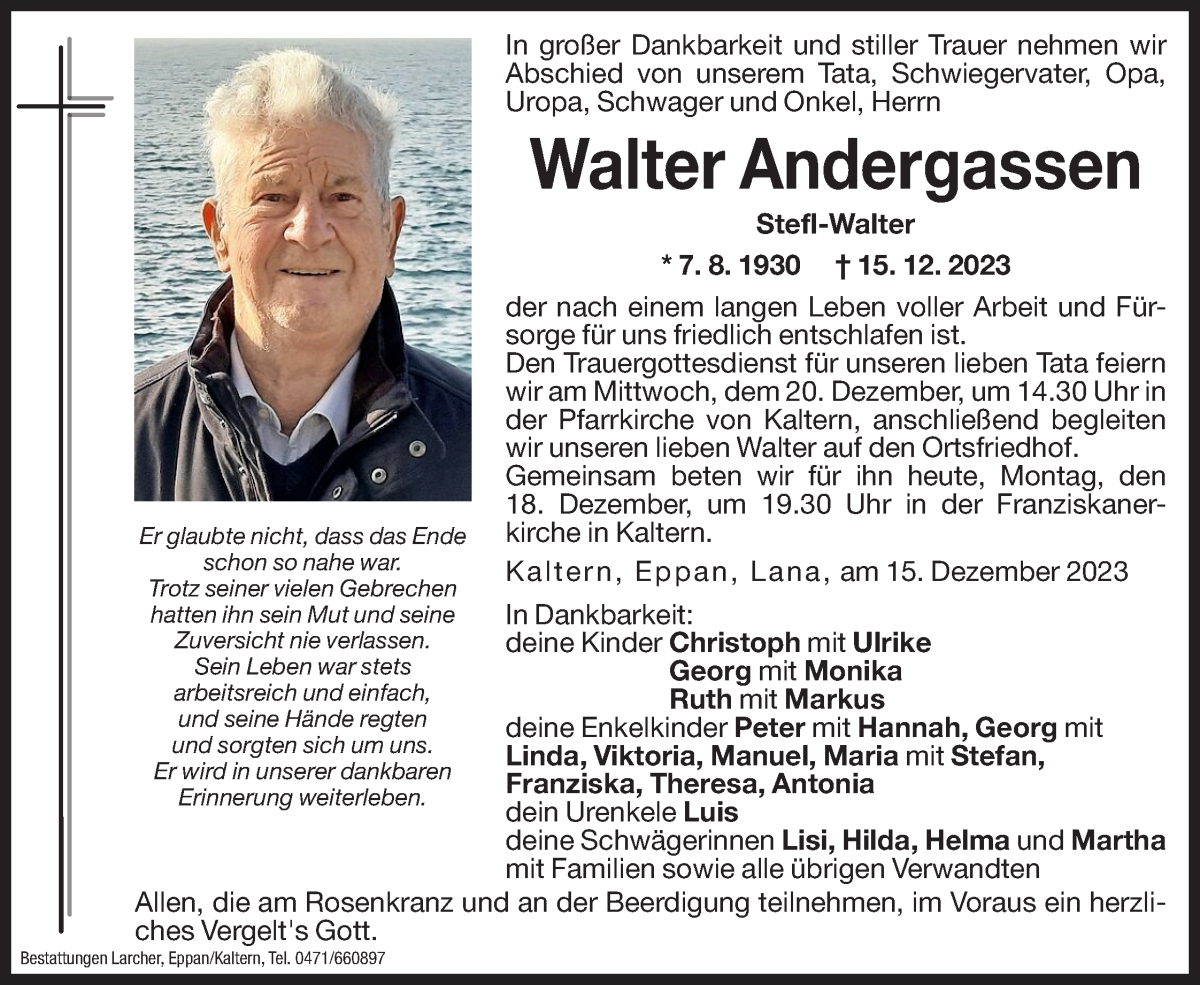  Traueranzeige für Walter Andergassen vom 18.12.2023 aus Dolomiten