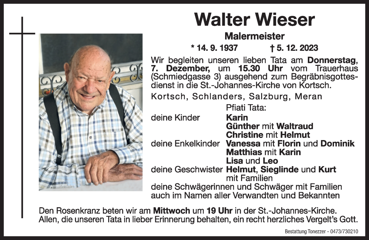 Traueranzeige für Walter Wieser vom 06.12.2023 aus Dolomiten