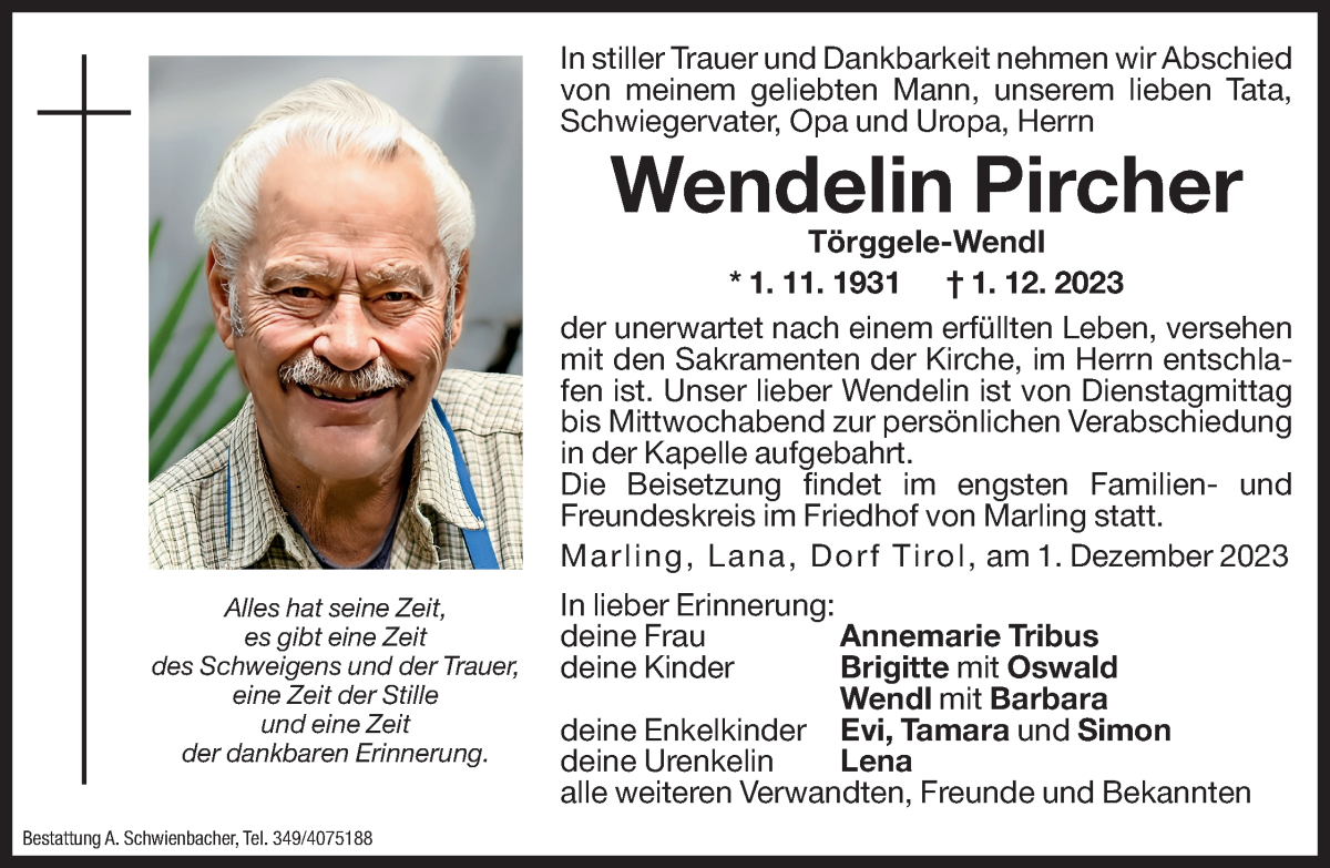  Traueranzeige für Wendelin Pircher vom 05.12.2023 aus Dolomiten