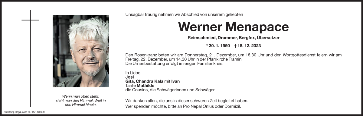  Traueranzeige für Werner Menapace vom 21.12.2023 aus Dolomiten