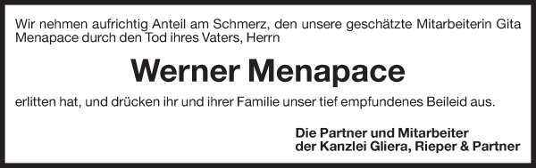 Traueranzeige von Werner Menapace von Dolomiten