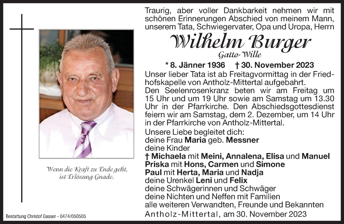  Traueranzeige für Wilhelm Burger vom 01.12.2023 aus Dolomiten
