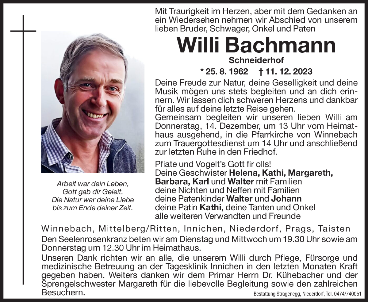  Traueranzeige für Willi Bachmann vom 12.12.2023 aus Dolomiten