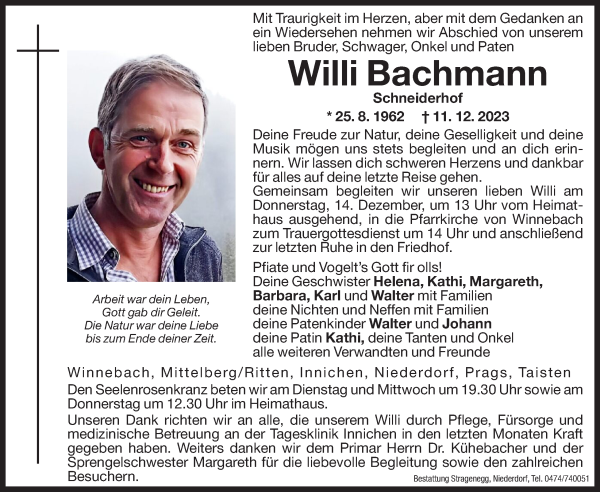 Traueranzeige von Willi Bachmann von Dolomiten