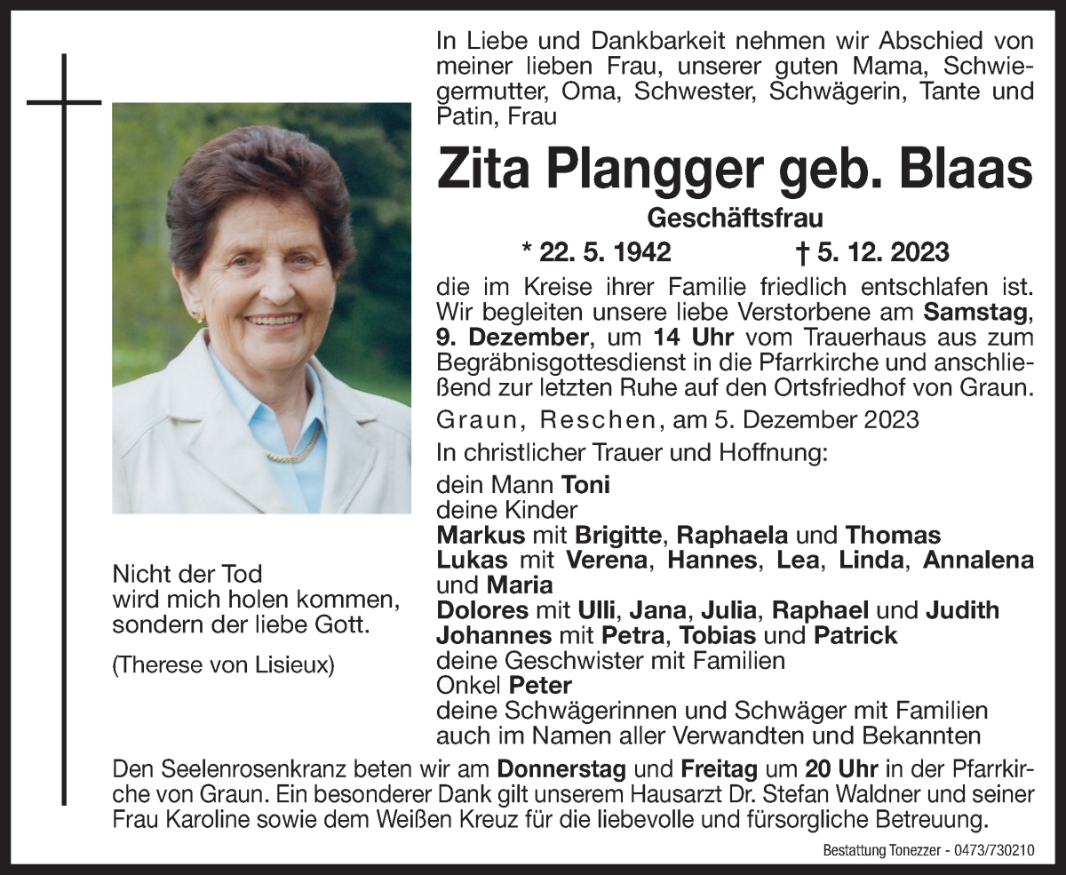  Traueranzeige für Zita Plangger vom 07.12.2023 aus Dolomiten
