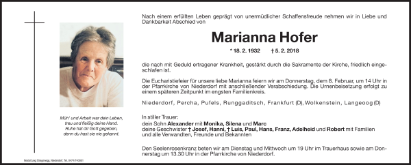 Traueranzeige von Marianna Hofer von Dolomiten