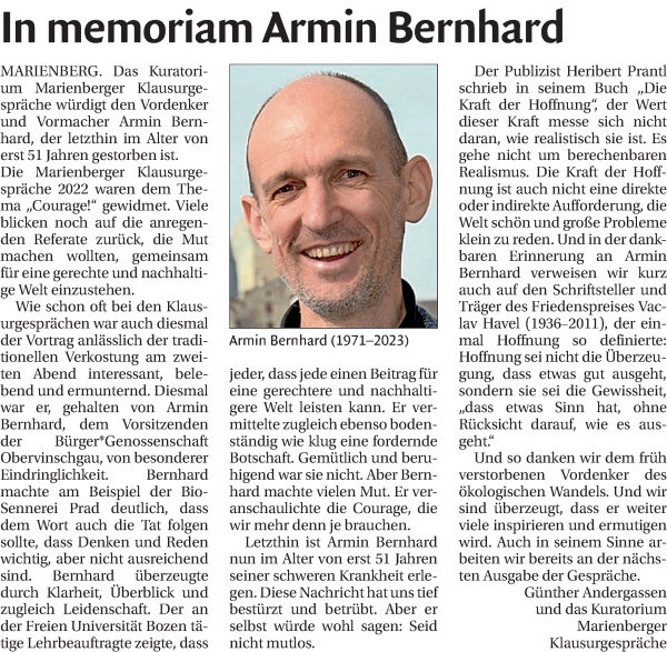 Traueranzeige von Armin Bernhard von Dolomiten