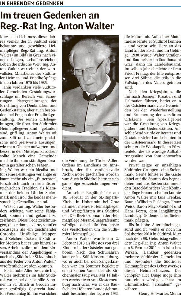 Traueranzeige von Anton Walter von Dolomiten