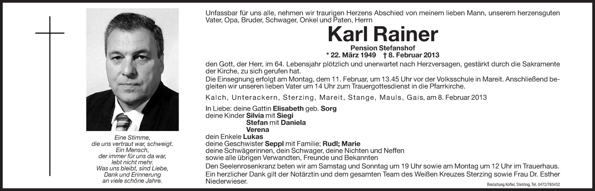  Traueranzeige für Karl Rainer vom 09.02.2013 aus Dolomiten