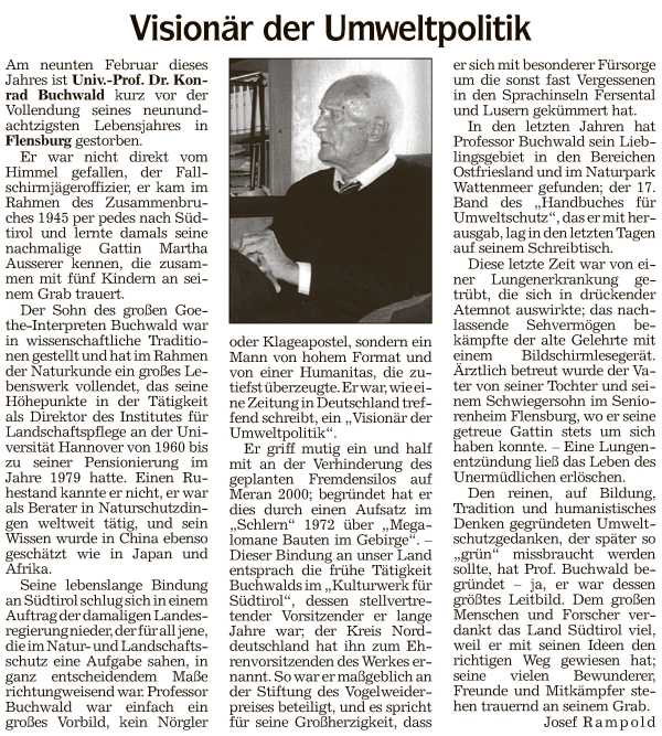 Traueranzeige von Konrad Buchwald von Dolomiten