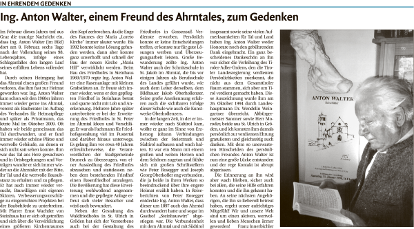 Traueranzeige von Anton Walter von Dolomiten