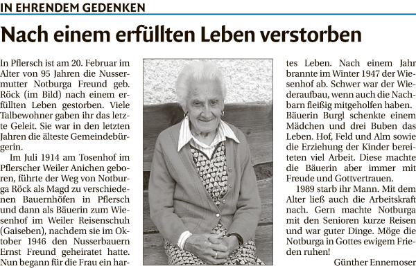 Traueranzeige von Notburga Freund von Dolomiten