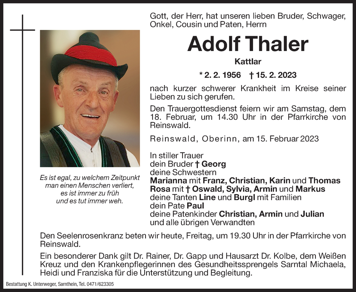  Traueranzeige für Adolf Thaler vom 17.02.2023 aus Dolomiten